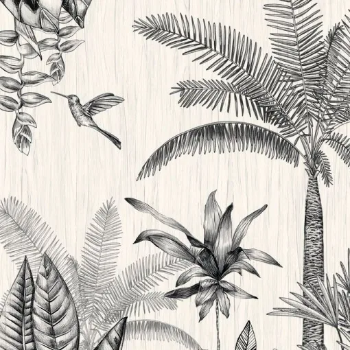 Detalle de un mural de papel pintado con una selva dibujada en blanco y negro