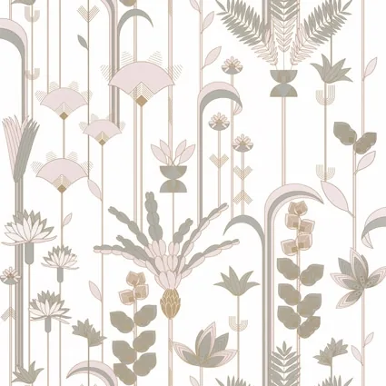Muestra de papel pintado de flores art déco sobre fondo claro
