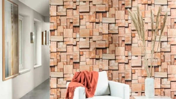 Pared entera con papel pintado fotográfico de tacos de madera y un sillón blanco