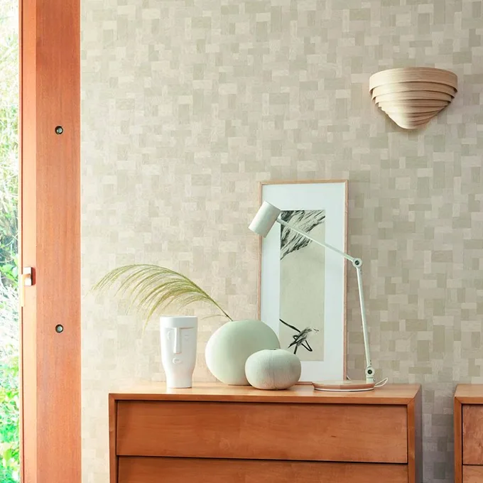 Papel pintado Orme: mosaico de madera en tonos suaves