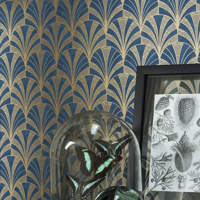 Papel pintado Palmette: abanicos art déco en líneas doradas