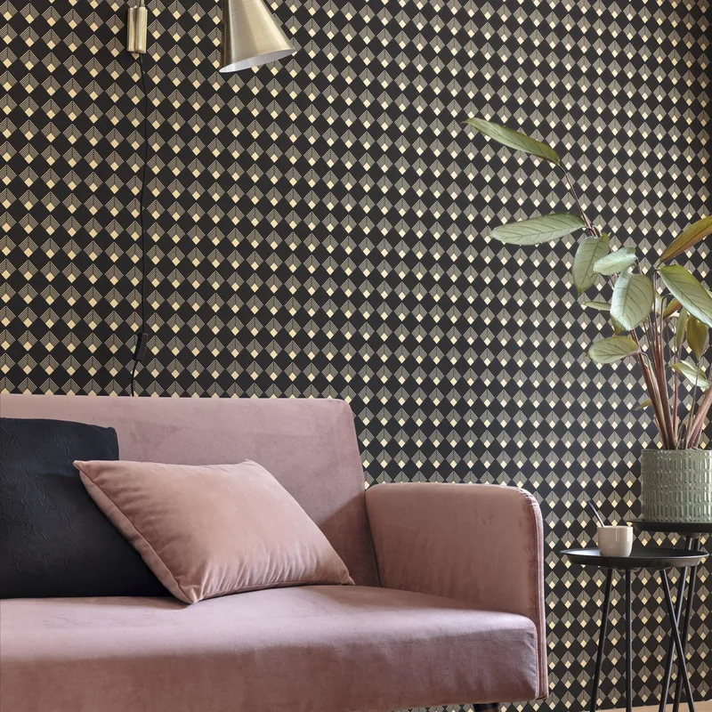 Papel pintado Patch: geométrico en negro y dorado