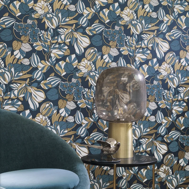 Papel pintado Tulipe: flores y hojas en azul, teja y oro