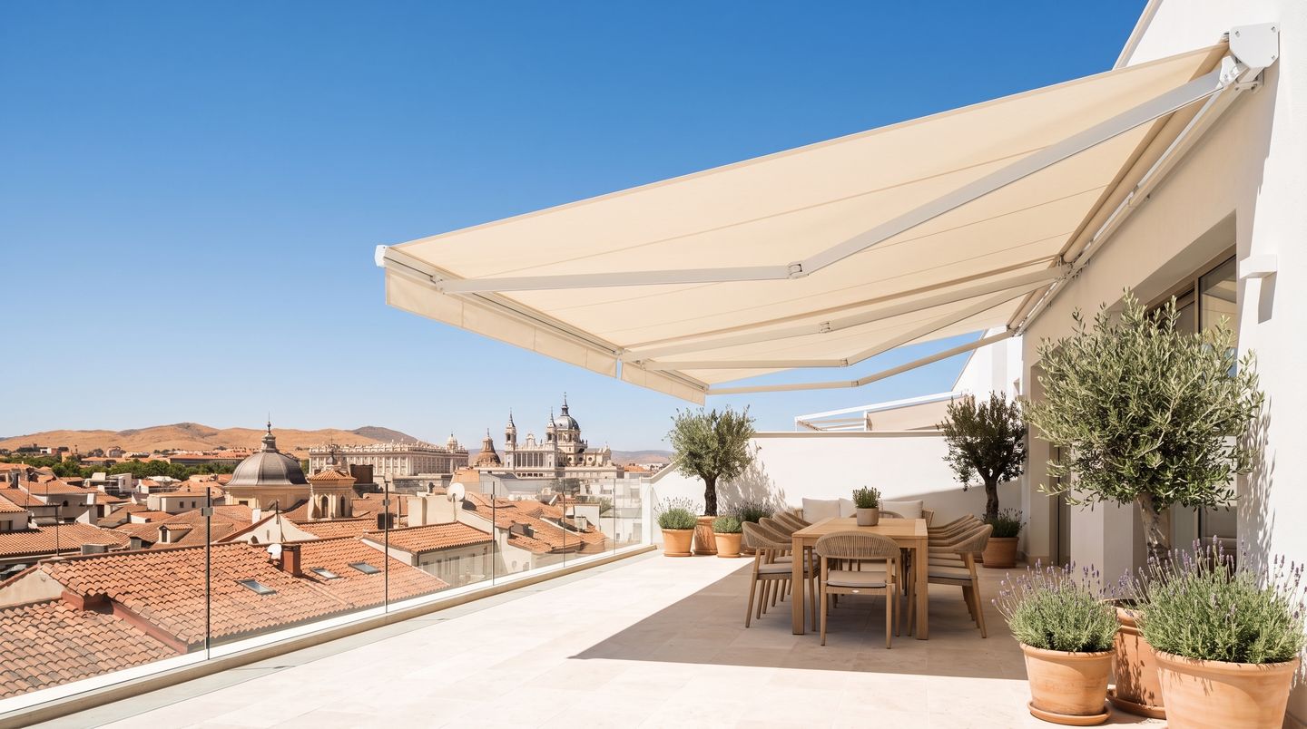 Toldo de brazo invisible con lona crema extendido sobre la terraza de un ático en Madrid