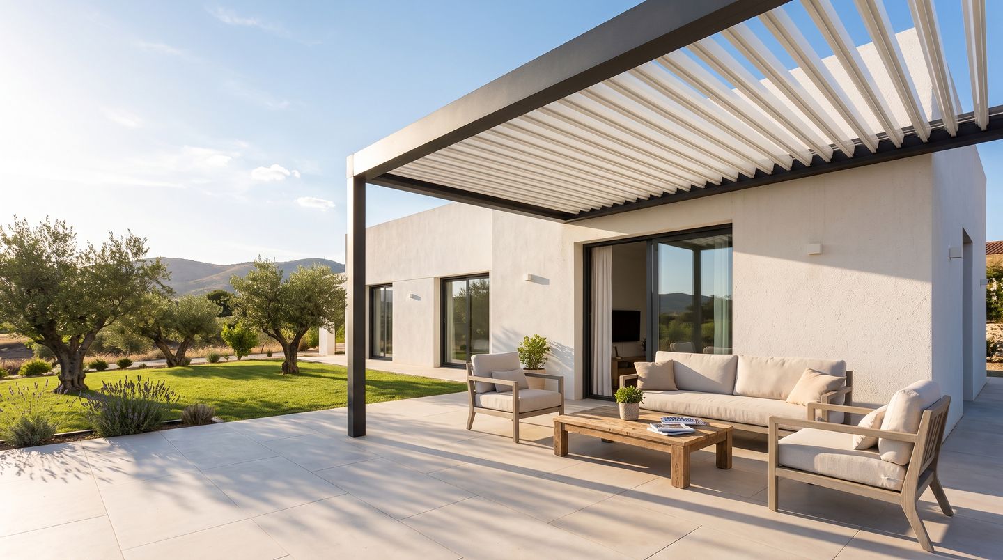 Pérgola bioclimática de lamas orientables sobre la terraza de una casa, con las lamas entreabiertas