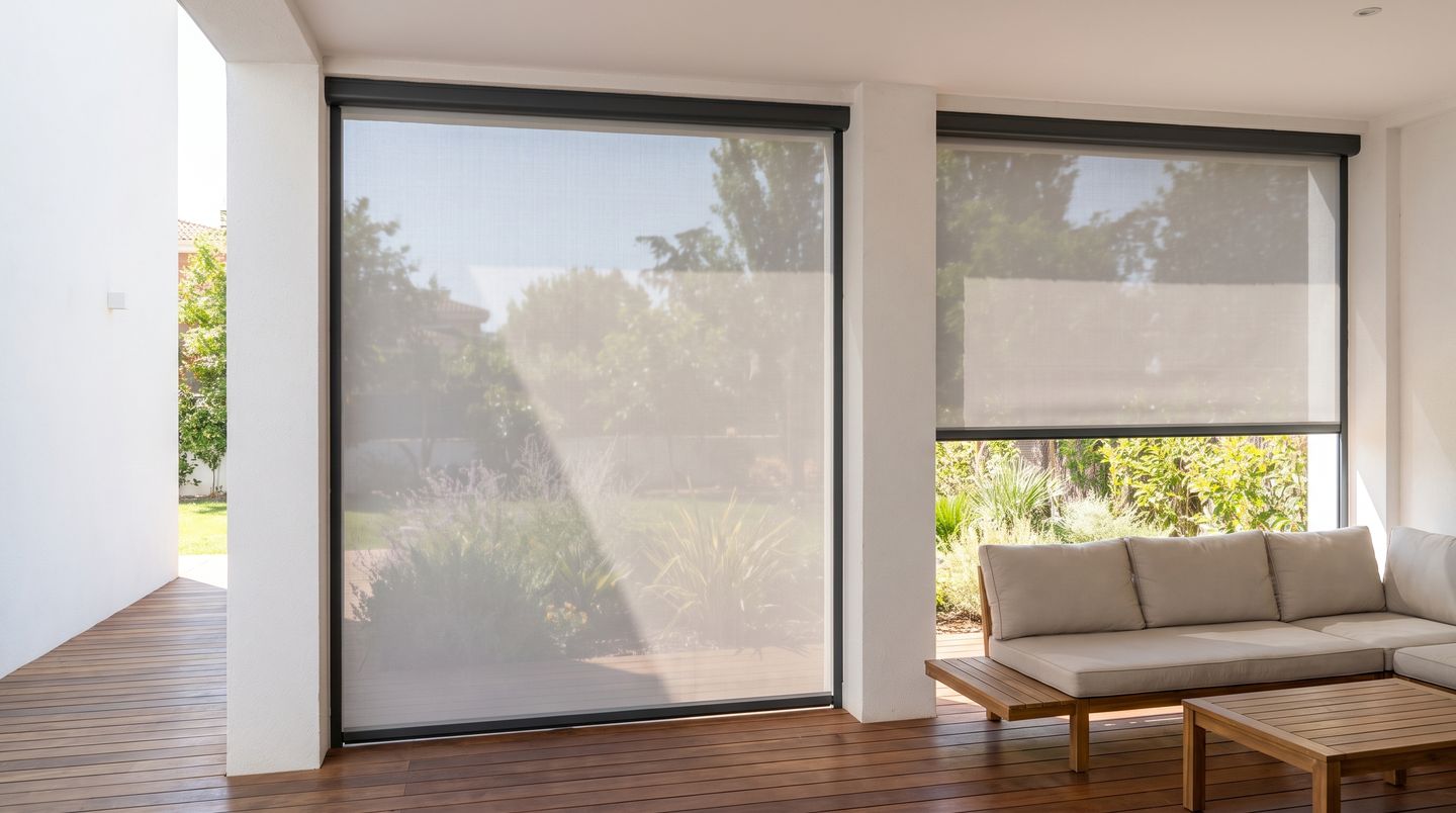 Porche de una casa cerrado con dos toldos verticales de sistema Zip, uno bajado del todo y otro a media altura