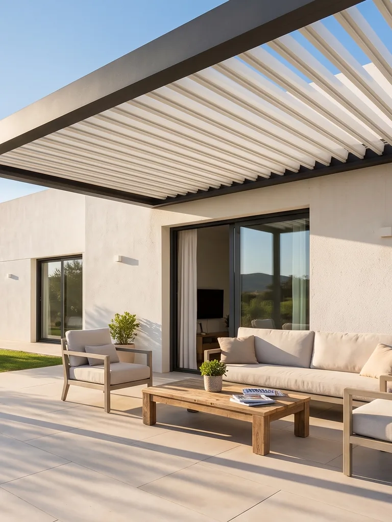 Pérgola bioclimática con las lamas de aluminio entreabiertas