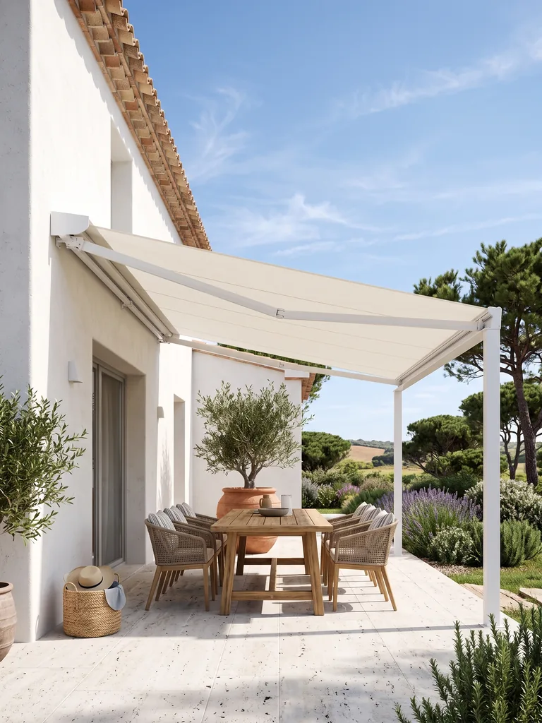 Pérgola de lona tensada adosada a una casa, con la lona extendida