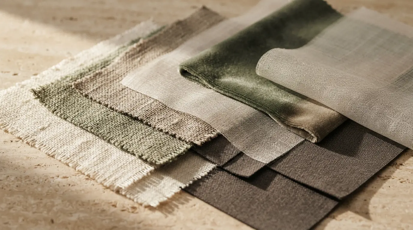 Muestras de tejidos para cortinas: linos, terciopelo verde y tejidos técnicos