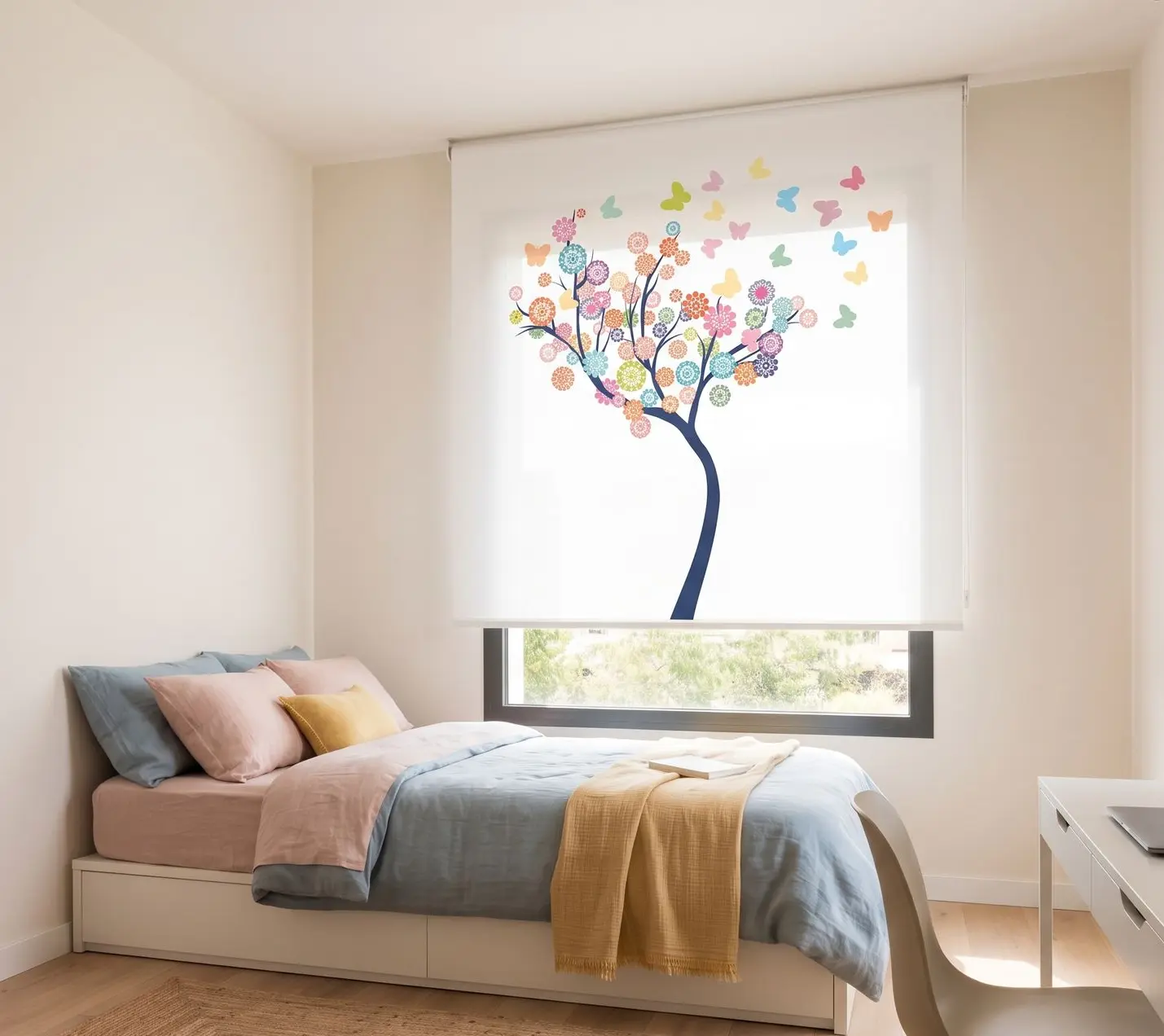 Estor enrollable fotográfico con un árbol de flores y mariposas impreso, en un dormitorio infantil