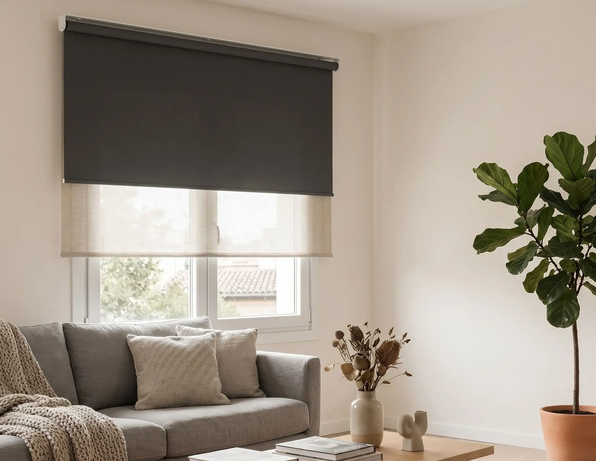 Estor enrollable dúo en un salón: tejido opaco gris oscuro sobre una franja de screen translúcido