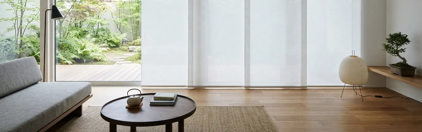 Salón con paneles japoneses blancos en un ventanal que da al jardín